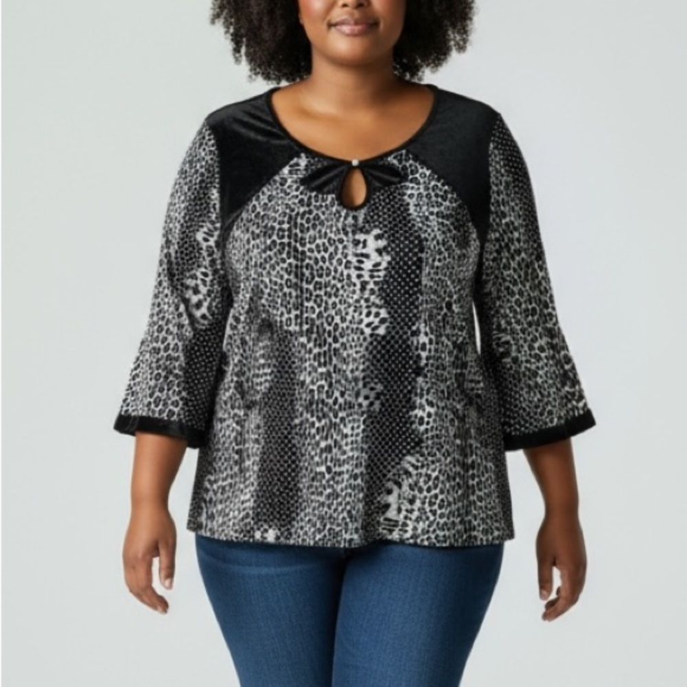 Adele & May Animal Print Polka Dot Liquid Knit Velvet Pullover Blouse Top